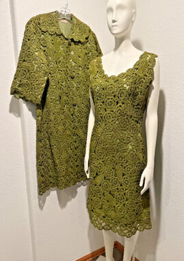 Vintage 1950s Italian Crocheted Raffia Dress and Coat Avocado Green Paoli Sz M